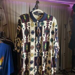 Vintage Thomas Bros. Southwestern Aztec Print Polo Shirt, Size XL